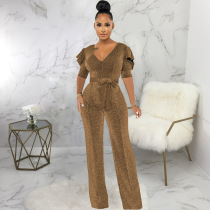 Sexy, fashionable, V-neck, high elasticity, gold and silver silk, Jumpsuit