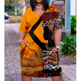 3D printing, loose, large, medium and long skirt, graffiti, V-neck casual dress