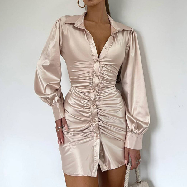 Pleated, long sleeved shirt, bandage, Hip Wrap Dress