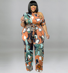 Diagonal shoulder, printed Jumpsuit with waistband