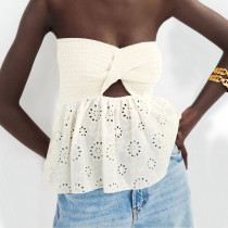 Knitted, embroidered, stitched, strapless vest top