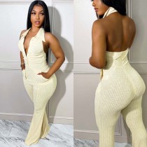 Solid color, sexy, backless, hanging neck, lapel, wool, Jumpsuit