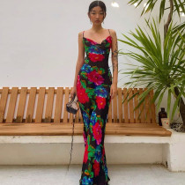 Printed, piled collar, sling, backless skirt
