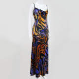 Printed, piled collar, sling, backless skirt