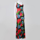 Printed, piled collar, sling, backless skirt
