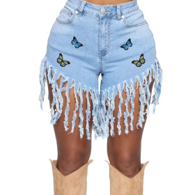 Buttocks, tassels, butterflies, embroidery, denim shorts