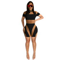 Stretch, mesh stitching, perspective, short sleeved shorts, Jumpsuit