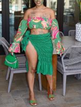 Casual, off shoulder, suspender, printed, two piece suit