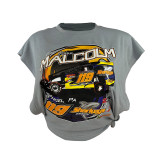 Cool, racing, printed, sleeveless, side open, hollowed out, T-shirt, top