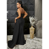 Fashion, solid color, party, tight fitting, one shoulder, dress, long skirt