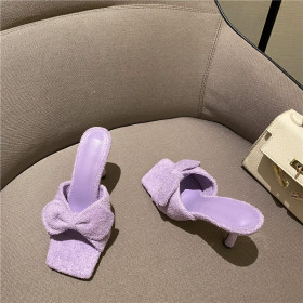 Towel material, bow tie, thin high heels, square head, sandals