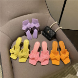 Towel material, bow tie, thin high heels, square head, sandals