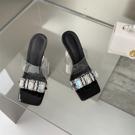 Transparent, slotted belt, thin heel shoes, square head, Rhinestone, high-heeled sandals 9cm