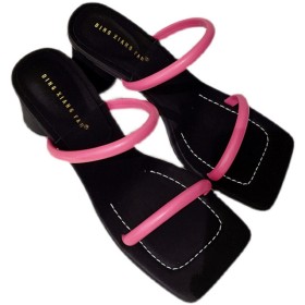Temperament, thick heel sandals, square head, high heels, color matching slippers