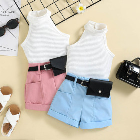 Children's girl, pit strip sleeveless top, solid color + Shorts Set with waist bag