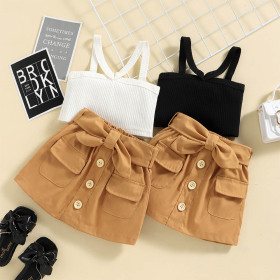 Sling, pit strip top + bow, belt, skirt, two-piece set