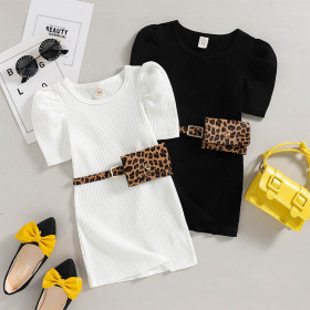 Bubble sleeves, shoulder pads, pit Stripe Dress + leopard waist bag, two-piece set