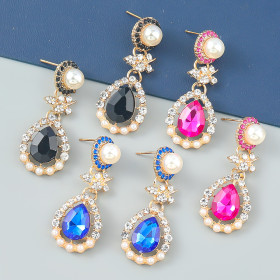 Exaggerated, alloy, diamond inlaid, pearl inlaid, glass diamond earrings