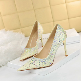 High heels, thin heels, pointed ends, satin, Rhinestone shoes