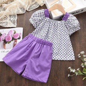 Square collar, exotic two-piece set, flower print, short sleeved Shorts Set