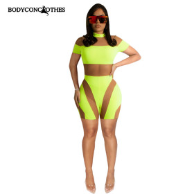 Bodyconclothes Workout Women Mesh Patchwork Short Sleeve Skinny Stretch Playsuit Summer Sport Gym Romper Sexy One Piece Overall