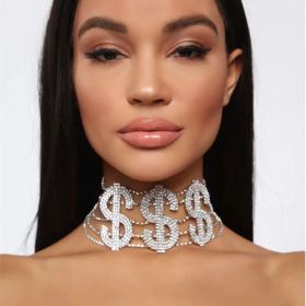 Rhinestone, dollar necklace, letters, $$$clavicle chain