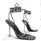 Thin high heels, bandages, sandals, one-line belt, transparent, leopard print crystal heel