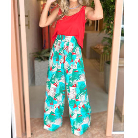 Casual suit, loose fitting, printed, high waist and wide leg pants, two piece set