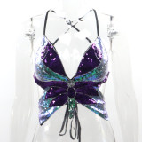 Sequins, butterfly top, diamond inlay, contrast color, suspender