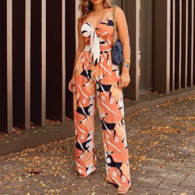 Sleeveless, printed, hollow out, suspender, wide leg, Jumpsuit