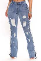 Drawstring, high elastic, perforated denim pants