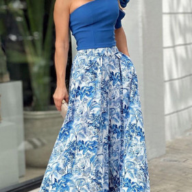 One shoulder sleeve top + printed large swing skirt, two piece set