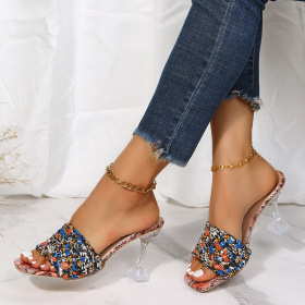 Large crystal heel, woven, slippers, square head high-heeled sandals