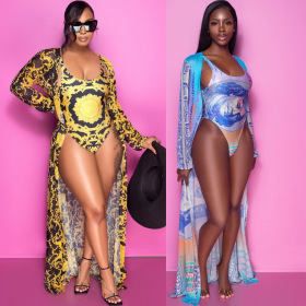 Mesh, printed swimsuit, two piece Cape