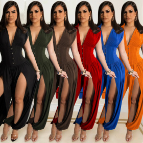 Fashion, solid color, women's wear, sexy, deep V, sleeveless, hollow out, pants, Jumpsuit