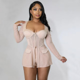 Mesh, perspective, square neck, splicing, long sleeve two piece set