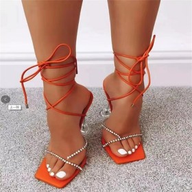 Large, bandage, high heels, square head, peep toe, crystal heel sandals