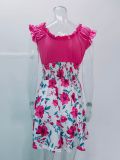Flower color contrast, pull up, waist down, round neck dress