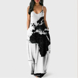 Suspender dress, map digital print, temperament Street dress
