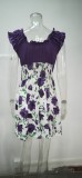 Flower color contrast, pull up, waist down, round neck dress