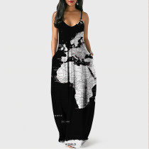Suspender dress, map digital print, temperament Street dress