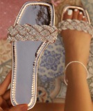 Large size, Rhinestone, flat slippers, square head, woven, sandals
