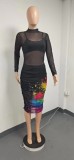 Black skirt, top, mesh, dress three piece set