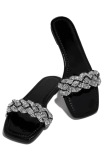 Large size, Rhinestone, flat slippers, square head, woven, sandals