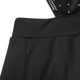 Hot drill, open back, hanging neck, one-piece pants tassel, short skirt two-piece set
