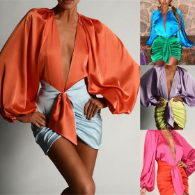 Color blocking, V-neck, lace up, fold, dress