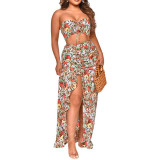 Pleated, ruffled, floral two-piece dress, suit