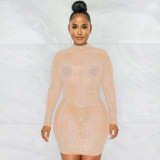 Mesh, perspective, long sleeve, night club hot drill, dress