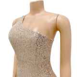 Diagonal shoulder, sleeveless, beaded, dress