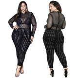 High elastic, perspective, long sleeve, mesh, hot drill Jumpsuit